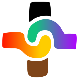 Plus sign logo with rainbow colors on the left and center arms. In the center two hands join together. There is a black top arm and brown bottom arm.